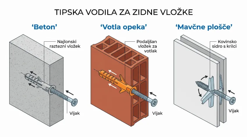 Infografika, ki prikazuje vrste pritrdilnih elementov za beton, votlo opeko in mavčne plošče.