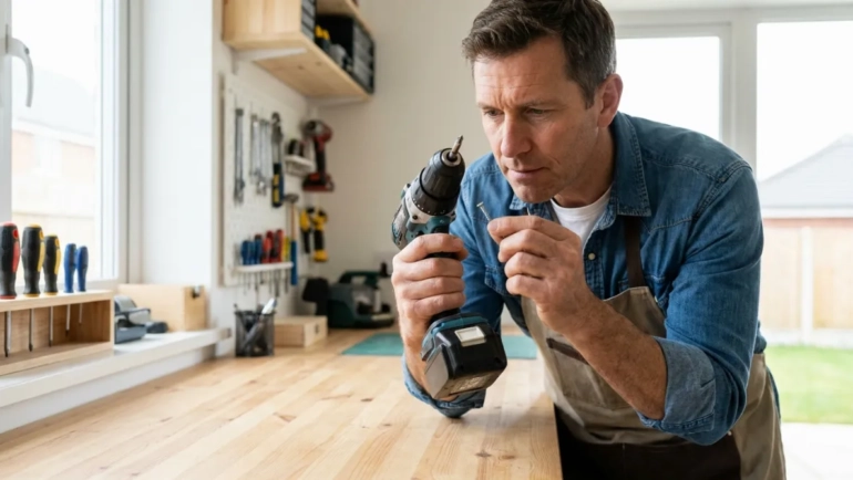Moški pregleduje vijak in baterijski vrtalnik v svetli domači delavnici.