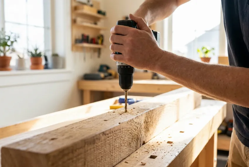 Predvrtanje lesene deske z baterijskim vrtalnikom za preprečevanje pokanja lesa.
