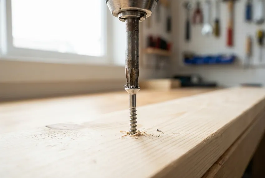 Bližnji posnetek Torx nastavka med vijačenjem v les.