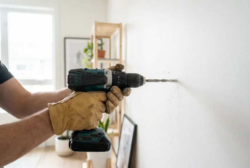 Roke v zaščitnih rokavicah vrtajo luknjo v belo steno z baterijskim vrtalnikom.