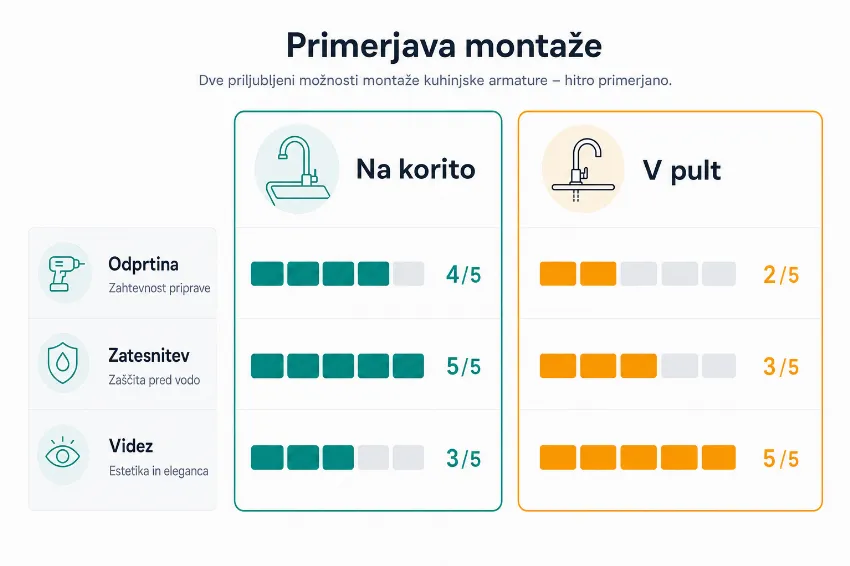 Infografika, ki primerja lastnosti montaže kuhinjske armature na korito in neposredno v kuhinjski pult.